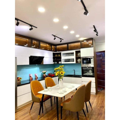 Bộ bàn ăn chân trụ 1m2 + 4 ghế Monet có tay mặt đá ceramic  Thương hiệu Nội Thất Bình Long 