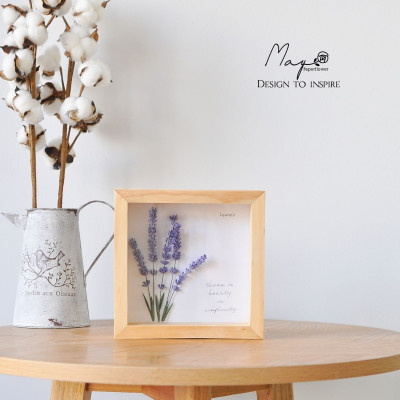 Tranh Hoa Giấy Handmade Trang Trí - Hoa Oải Hương MAYPAPERFLOWER Khung Gỗ Size 19x19cm