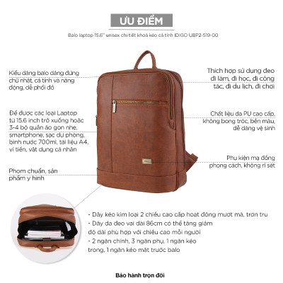 Balo da nam nữ đựng laptop 15.6 inch, ba lô công sở phom rộng, nhiều ngăn IDIGO UBP2-519-00
