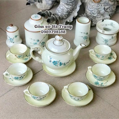 Bộ ấm chén phú quý gốm sứ Bát Tràng đủ phụ kiện y hình