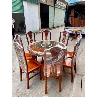 Tặng hộp đựng khăn giấy gỗ hương đá_ Bàn ghế phòng ăn tròn có mâm xoay 8 ghế , bàn đk 1m2