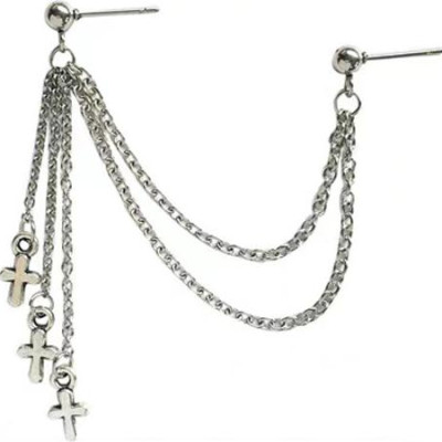 Khuyên tai hoa tai xích gấp chữ N thả ba đuôi chữ thập hiphop