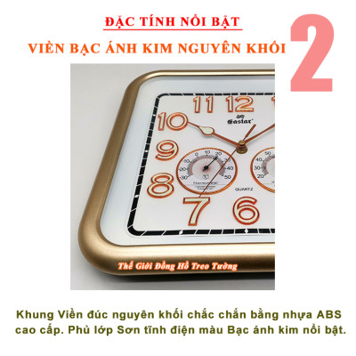 Đồng Hồ Treo Tường Cao Cấp KIM TRÔI EASTAR SỐ NỔI 3D có DẠ QUANG và NHIỆT ẨM KẾ CƠ (Không Dùng Pin) - Hình Vuông Mặt Đen - Tặng Pin AA - Bảo Hành 1 Năm