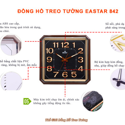 Đồng Hồ Treo Tường Cao Cấp EASTAR Có DẠ QUANG Hình Vuông Cách Điệu - Máy KIM TRÔI NHẬT - Số Nổi 3D - Tặng Pin Maxell - BH 1 Năm