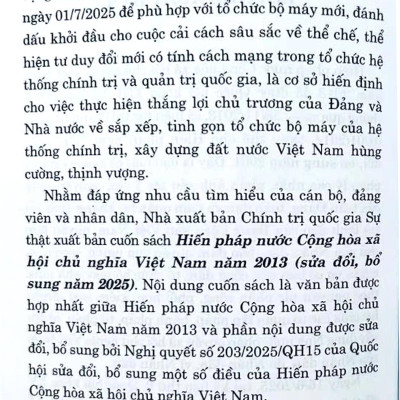 Sách - Hiến Pháp Nước Cộng Hòa Xã Hội Chủ Nghĩa Việt Nam Năm 2013 (Sửa Đổi, Bổ Sung Năm 2025)