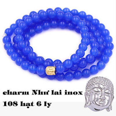 [Mệnh Thủy, Mộc] Bộ Vòng Chuỗi, Tràng Hạt 108 Hạt 6 Ly Đá Thạch Anh Xanh Dương Charm Phật A Di Đà Inox - Tràng Chuỗi Niệm Phật - An Yên - Thịnh Vượng - May Mắn - Tài Lộc - Bình An