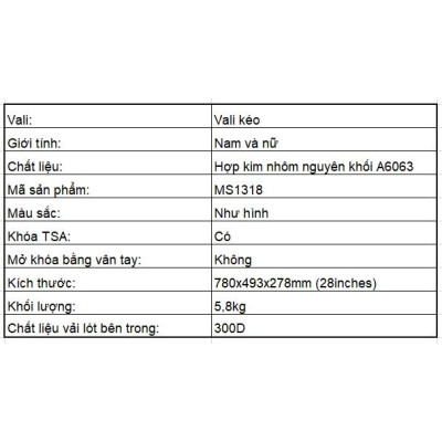 Vali hợp kim nhôm nguyên khối MS1318 Macsim cao cấp màu ti-gold, màu bạc, màu đen cỡ 24inches