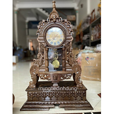 Combo đồng hồ quả lắc để bàn kt cao 70x45x15cm + kệ chân đế 15x52x29cm bằng gỗ mun đuôi công 