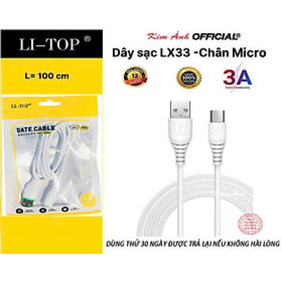 Dây sạc 3A LI-TOP LX33 chân Micro (Túi), dòng điện 5V-3A, Kim Ánh cho dùng thử 30 ngày, hàng chính hãng