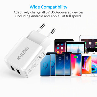 Cóc củ sạc nhanh Dual USB hiệu CHOETECH C0030 cho điện thoại / máy tính bảng hỗ trợ sạc nhanh 5V-2A trang bị chip bảo vệ thông minh, thiết kế nhỏ gọn - Hàng chính hãng