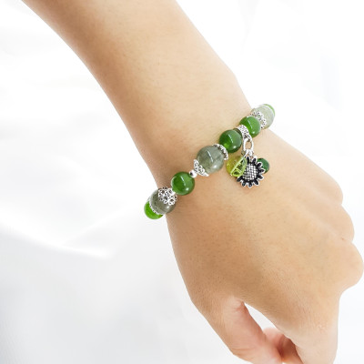 Vòng tay mệnh mộc, hỏa đá thạch anh tóc xanh+ đá ngọc phật mix charm hoa hướng dương