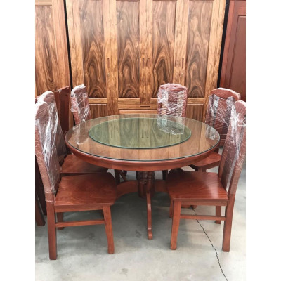 Tặng hộp đựng khăn giấy gỗ hương đá_ Bàn ghế phòng ăn tròn có mâm xoay 8 ghế , bàn đk 1m2