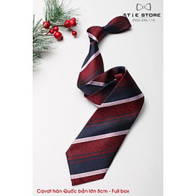 Cavat 8cm bản lớn Hàn Quốc cao cấp, đỏ mận kẻ xanh trắng - Tặng kèm hộp Full box