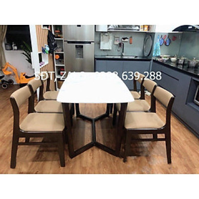 Bộ bàn ăn benla mặt đá màu nâu 1m6 + 6 ghế màu nâu  Thương hiệu Nội Thất Bình Long 