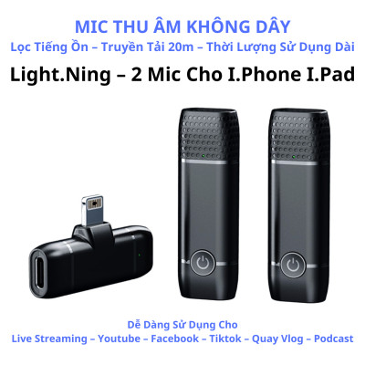 Bộ Micro Thu Âm Cài Áo Không Dây (2 Mic) Cho Điện Thoại Iphone IOS Cổng Lightning Máy Tính, Máy Ảnh Chống Ồn Dùng Quay Tiktok, Livestream, Ghi Âm, Quay Video  Thu Âm To, Tiếng Trong Veo Thích Hợp Cho 1 Hoặc 2 Người Ở Khoảng Cách Xa – Hàng Nhập Khẩu