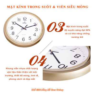 Đồng Hồ Treo Tường KIM TRÔI EASTAR Cao Cấp Mặt Tròn Viền Bạc Kim Tuyến - Mặt số in Nổi 3D - Máy Kim trôi – Kèm Pin Maxell