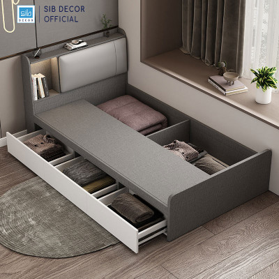 Giường Gỗ Đơn Dài 1.2m Phối Đèn LED và 3 Ngăn Kéo Màu Vân Vải Phối Trắng SIB Decor GN15