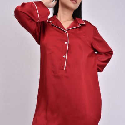 Áo ngủ lụa Pijama Pink Stull đỏ đô viền trắng