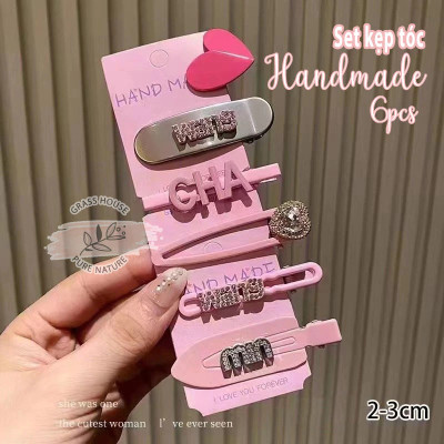 Set kẹp tóc mái Handmade dễ thương 6pcs/vỉ chữ Min/ CHA/ Wang/ Hình Trái TIm