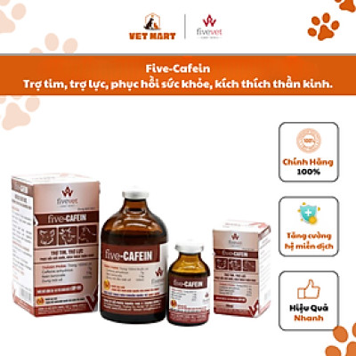 Five-Cafein dùng cho suy nhược, suy tim, co thắt mạch máu, khi bị phù thũng. - Trợ tim, trợ lực, kích thích thần kinh, kích thích tiêu hóa, phục hồi sức khỏe khi mới ốm dậy, làm việc nặng và giải độc khi bị nhiễm độc, ngộ độc.