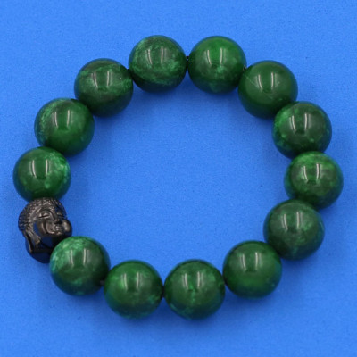 Vòng đeo tay Cẩm Thạch Đông Ninh 14 ly cẩn hạt Phật A Di Đà inox đen VCTDNNLE14