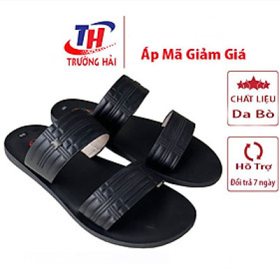 Dép nam da bò thật quai ngang hai dây Trường Hải màu đen mặt đúc chịu nước QN152