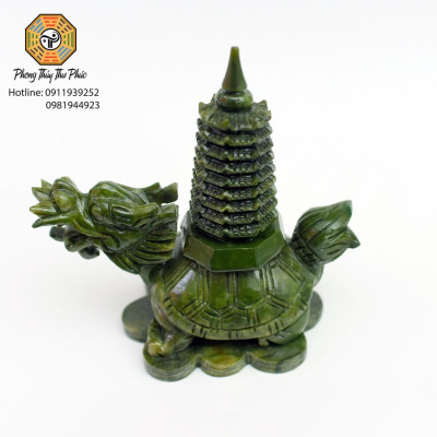 Tượng Long Quy cõng tháp văn xương 9 tầng , đá sarphentine màu xanh,Kích thước cao 18 x 17 x 10 cm, nặng 1,3kg