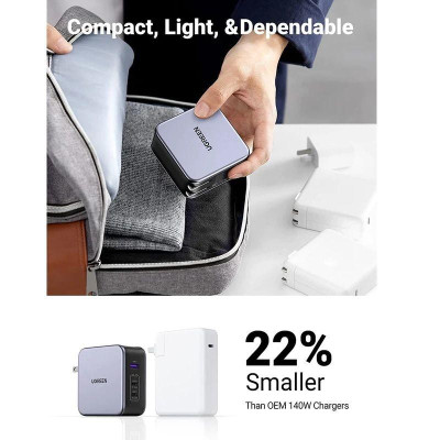 Ugreen UG9054890548TK 140W kèm cáp USB-C dài 1.8M Màu Xám Bộ sạc nhanh Nexode có 2 cổng USB-C và 1 cổng - HÀNG CHÍNH HÃNG