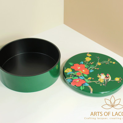 Hộp Tròn Sơn Mài Họa Tiết Chim Hoa Xanh Đậm