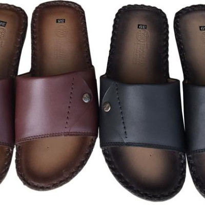 Dép nam quai ngang TRƯỜNG HẢI một bản da bò thật đế âm may viền thủ công chắc chắn tỉ mỉ mặt đế cao su chống mòn không trơn QNTH074  - Nâu - 44