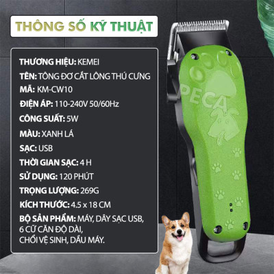 Tông đơ cắt tỉa lông thú cưng Kemei KM-CW10 công suất mạnh 5W sạc nhanh USB chuyên nghiệp phù hợp cắt lông chó, mèo