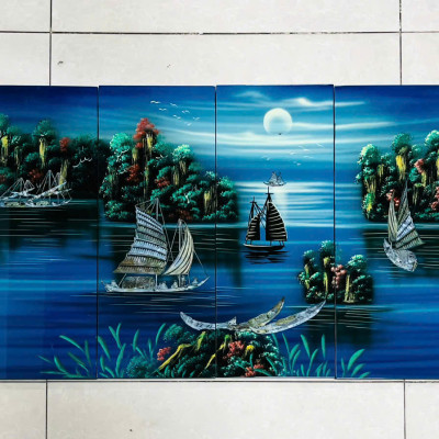 Bộ Tranh sơn mài 4 tấm- THUẬN BUỒM XUÔI GIÓ - Khảm cừ cao cấp size 50x80 cm  - Ý Nghĩa Phong Thủy
