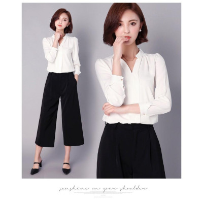 Áo kiểu cổ V dài tay màu trắng công sở form rộng đủ size sm55