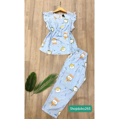 Đồ bộ nữ,đồ ngủ mặc nhà lửng 9 tấc tay cánh tiên vải lanh BL 52 họa tiết dễ thương size 51-70kg.