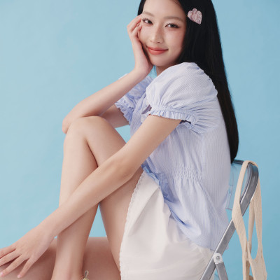 DOTTIE - Áo kiểu kẻ sọc tay phồng - Xanh biển - T1103