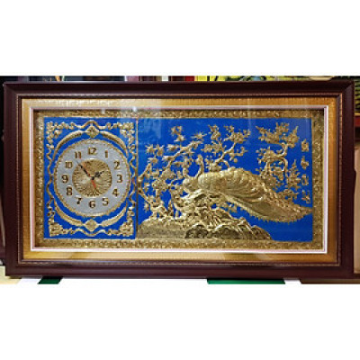 Đồng hồ-Tranh đồng vàng liền tấm -Đôi uyên ương ( đôi chim công)