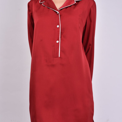 Áo ngủ lụa Pijama Pink Stull đỏ đô viền trắng