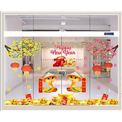 Decal dán kính trang trí tết xuân Ất Tỵ 2025 Mẫu 7 -decal trang trí cửa kính văn phòng, khách sạn tích hợp sẵn keo(2mx2.5m)