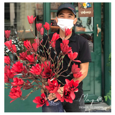 Hoa giấy trang trí, Hoa Mộc Lan đỏ handmade Maypaperflower - hoa giấy nghệ thuật, hoa cắm bình, decor nhà ở văn phòng