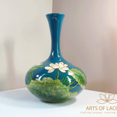 Bình Hoa Sơn Mài Màu Xanh Họa Tiết Hoa Sen