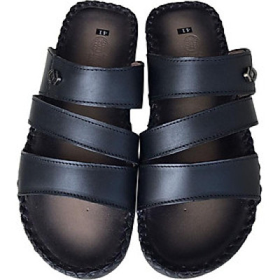 Dép nam quai ngang TRƯỜNG HẢI đế âm ba quai da bò thật mặt đế cao su chống mòn không trơn THQN499