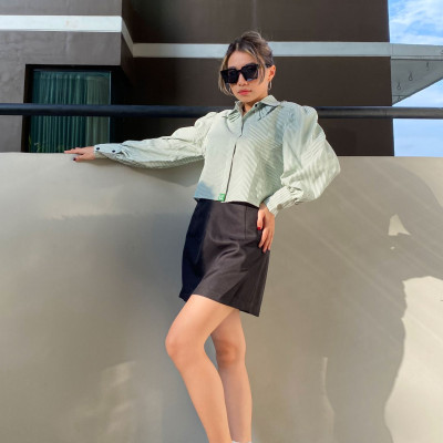 LAAS Somi tay phòng sọc xanh dịu dàng thanh lịch nữ tính