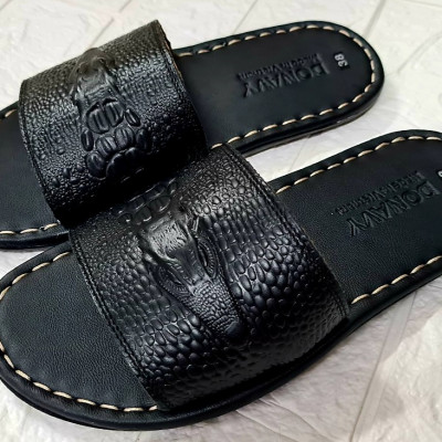 Dép quai ngang nam da bò 100%, quai cá sấu, may full quai bao đi mưa