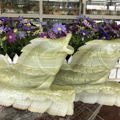 Cặp cá chép vượt vũ môn phong thủy đá ngọc onyx trang trí bàn làm việc - Dài 20 cm