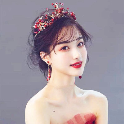 Bộ trang sức trang điểm cô dâu Vương miện và bông tai ngọc đỏ nổi bật VM19