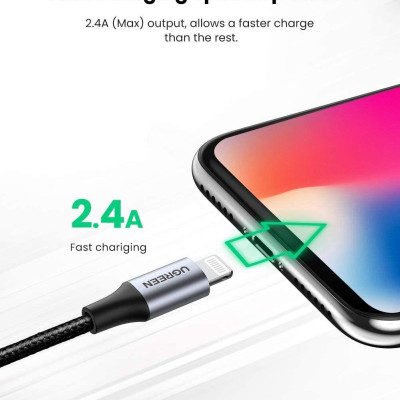 Ugreen UG60154US291TK 0.25M màu đen cáp MFI USB 2.0 A ra Lightning đầu bọc nhôm mạ nickel chống nhiễu 25cm - HÀNG CHÍNH HÃNG