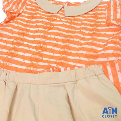 Bộ quần dài áo tay ngắn cho mẹ họa tiết Kẻ cam cotton thêu quần kem - AICDMEZSMTPY - AIN Closet
