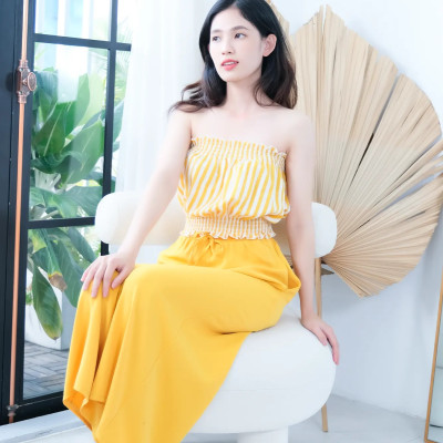 Đồ Bộ Mặc Nhà LMcation - Áo ống Carol màu sọc vàng & Quần váy dài Mila màu vàng
