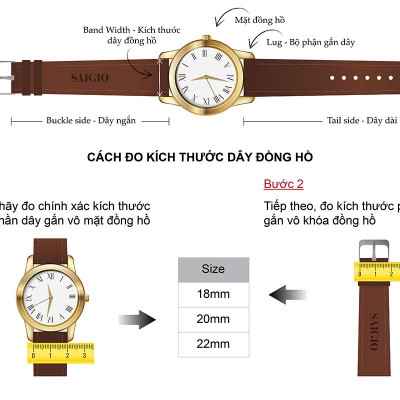 Dây Da Đồng Hồ Cổ Điển, 100% Da Bò Thật, Kiểu Dáng Phẳng Mỏng, Mặt Lót Chống Thấm Mồ Hôi, Tích Hợp Lớp Gia Cố Chống Giãn Đặc Biệt, Phụ Kiện Khóa và Chốt Bằng Thép Không Gỉ 316L - Hàng Chính Hãng SAIGIO