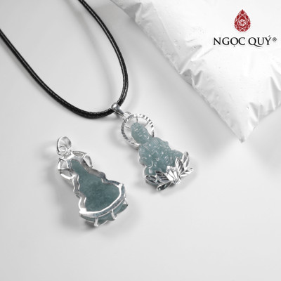 Mặt dây chuyền Phật Bà đá Lam ngọc type A bọc bạc 33x19mm mệnh thủy mộc - Ngọc Qúy Gemstones